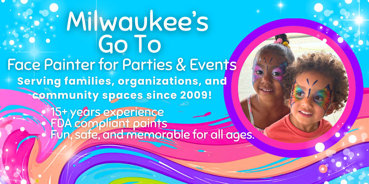 Face painter creating a colorful butterfly design at a kids birthday party in Milwaukee